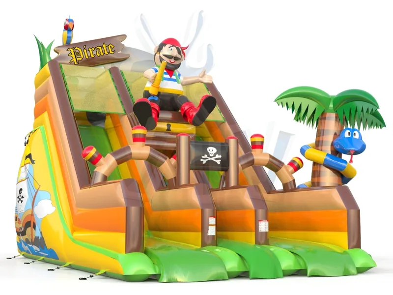 Tobogán doble hinchable Pirata: dos carriles, figura de pirata en lo alto, palmera con serpiente e ilustración de un barco en el lateral