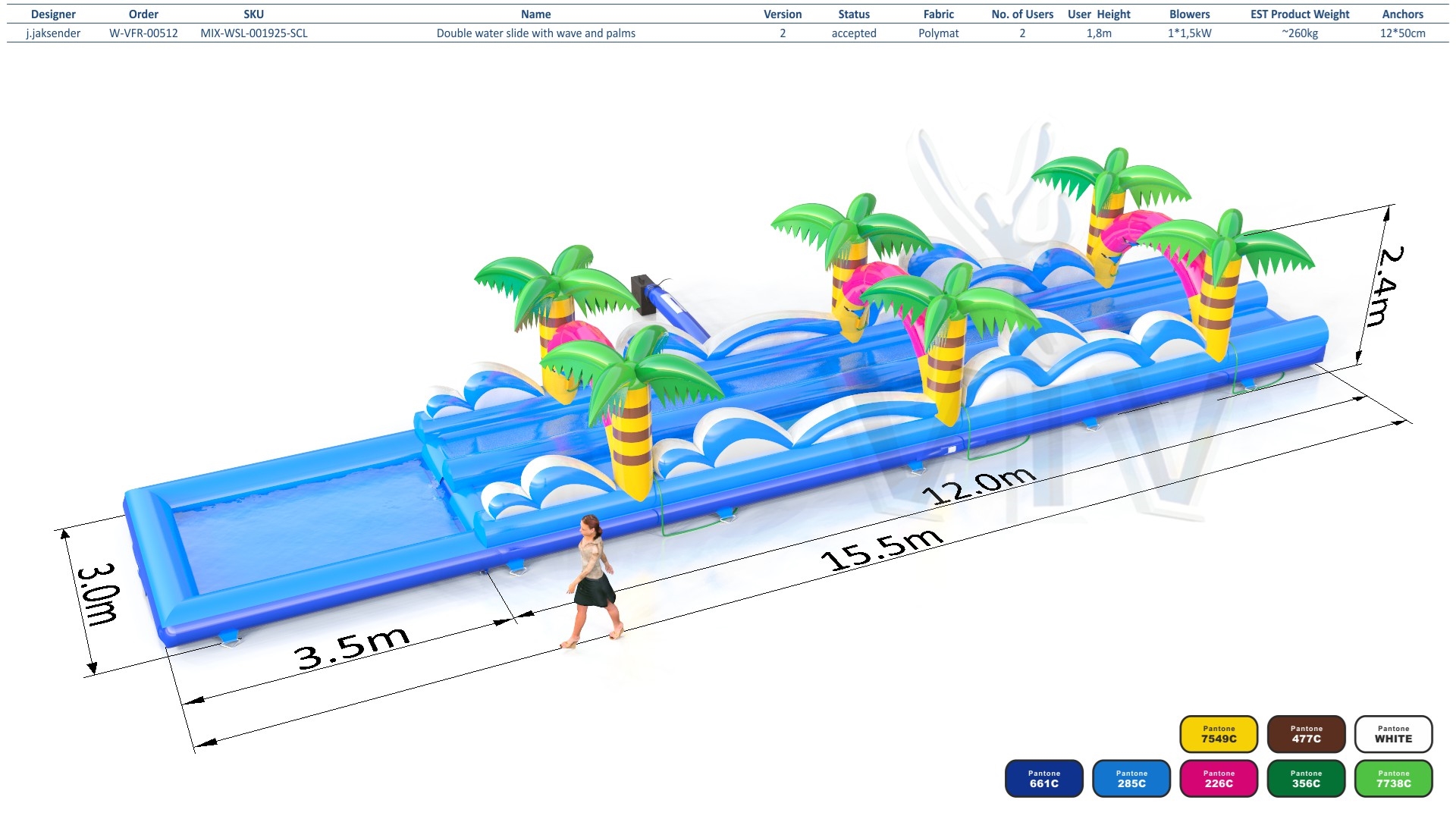 Double water slide with wave and palms commercial inflatable slide